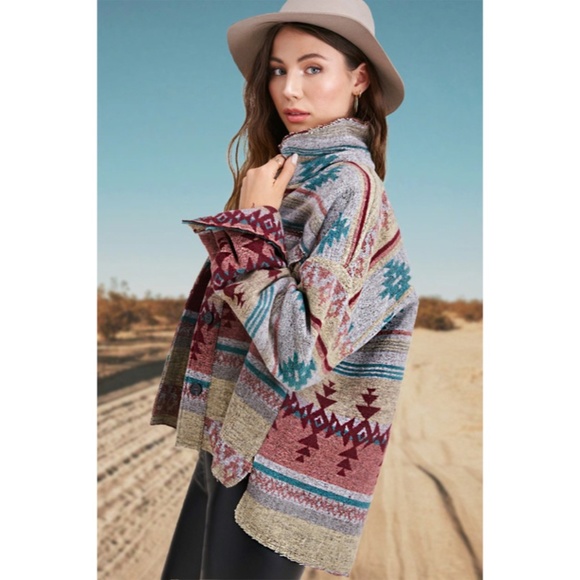 Mellow Gray Aztec Tribal Native Western Button Up Shacket Flannel Shirt Jacket - Picture 3 of 4